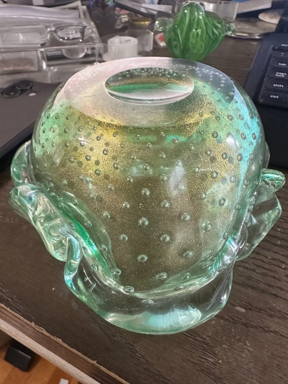 Vintage Murano Style Green Bullicante Art Glass Bowl Gold Adventurine 6 inches.